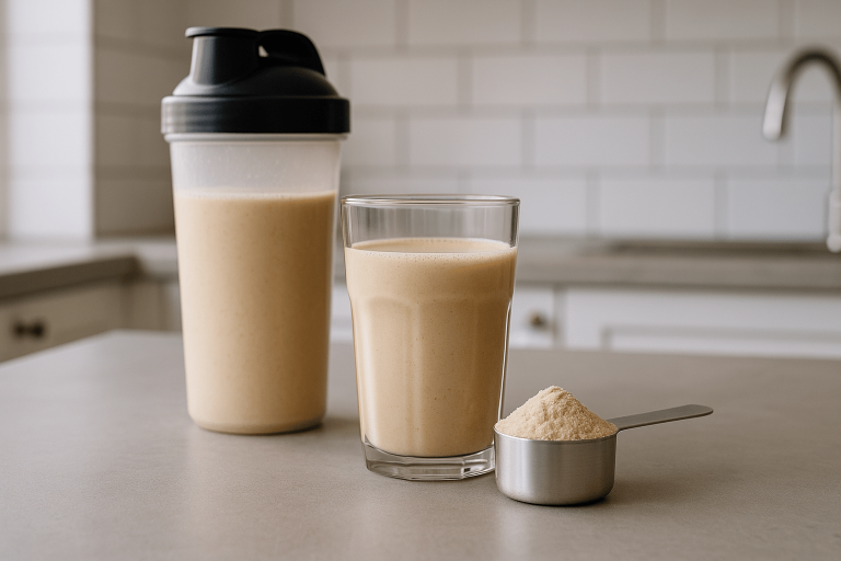 Shakebeker, glas met shake en schep eiwitpoeder op keukenaanrecht