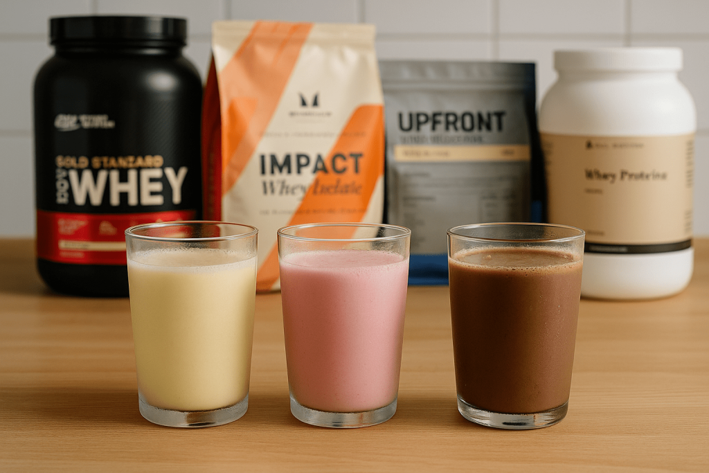 Beste eiwitpoeder: Gold Standard 100% Whey, Whey Proteine Vital Nutrition, Impact Whey Isolate Myprotein en Whey Milkshake van Upfront op tafel met drie glazen gevuld met eiwitshakes op houten tafel