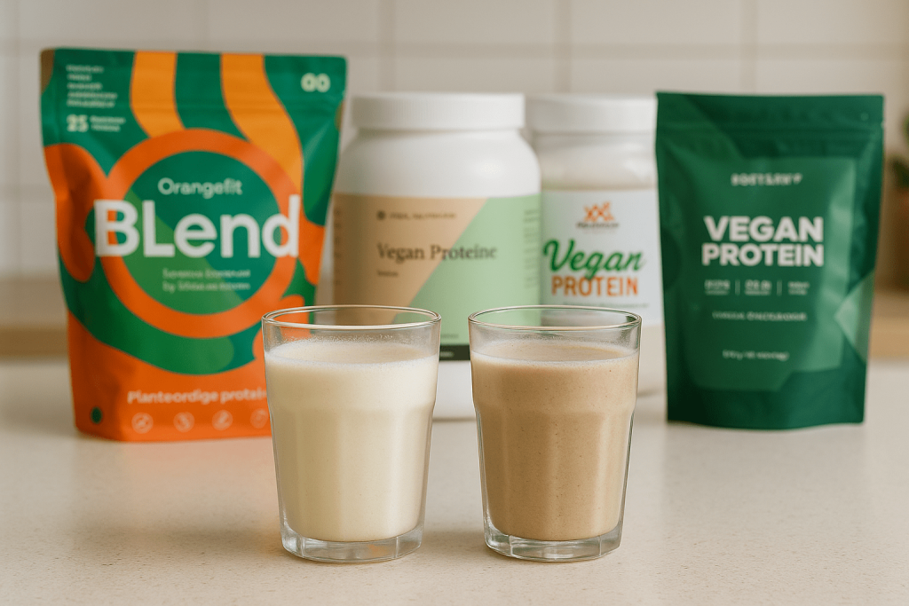 Beste vegan eiwitpoeder test: Protein Blend van Orangefit, Vegan Proteine van Vital Nutrition,Vegan Protein van XXL Nutrition en Vegan Protein van Body and Fit op keukenaanrecht met 2 glazen eiwitshake