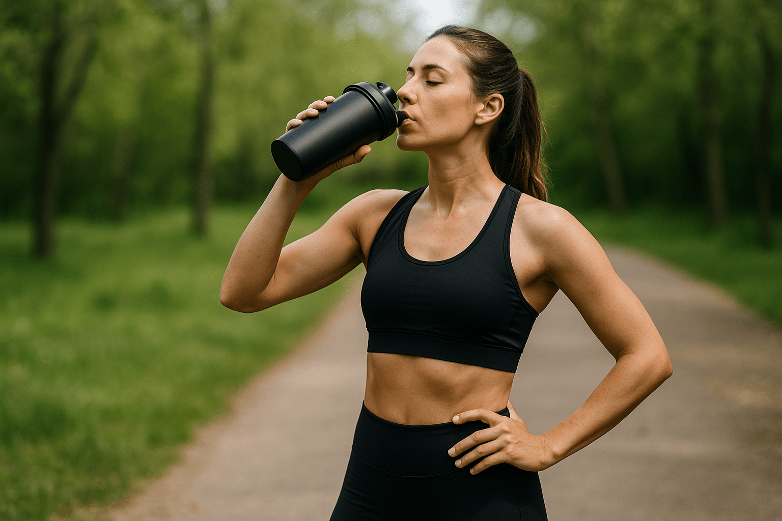 Vrouw in sportkleding drinkt uit shakebeker