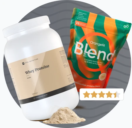 Header afbeelding met Whey Proteïne van Vital Nutrition en Protein Blend van Orangefit met sterren rating