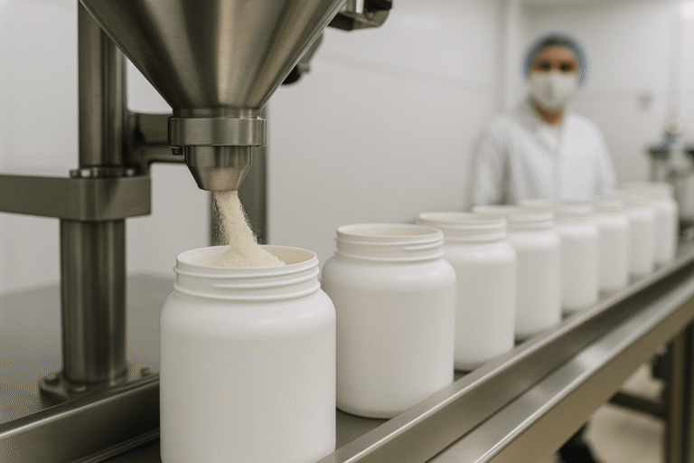 Potten eiwitpoeder op productieband in fabriek