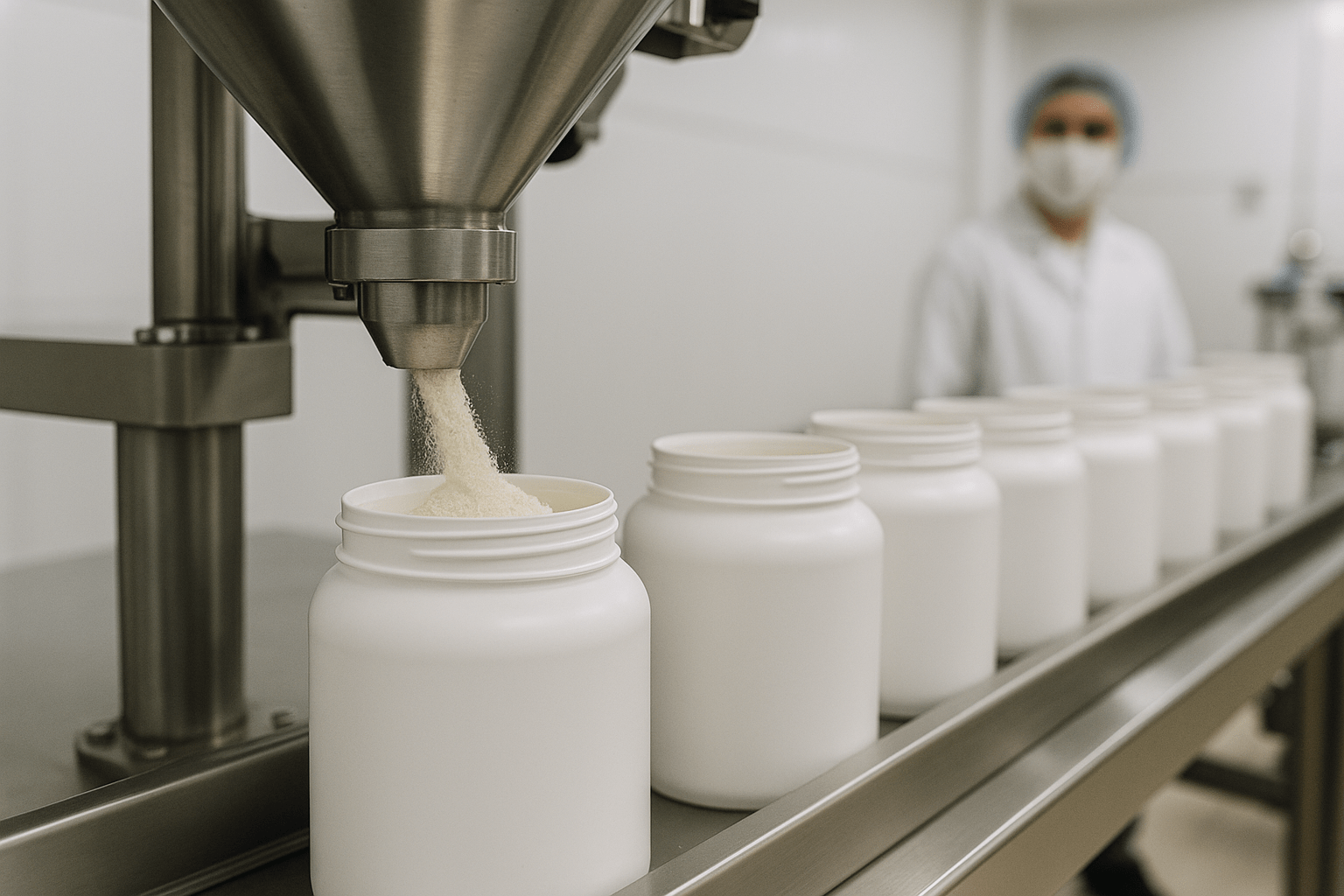 Potten eiwitpoeder op productieband in fabriek