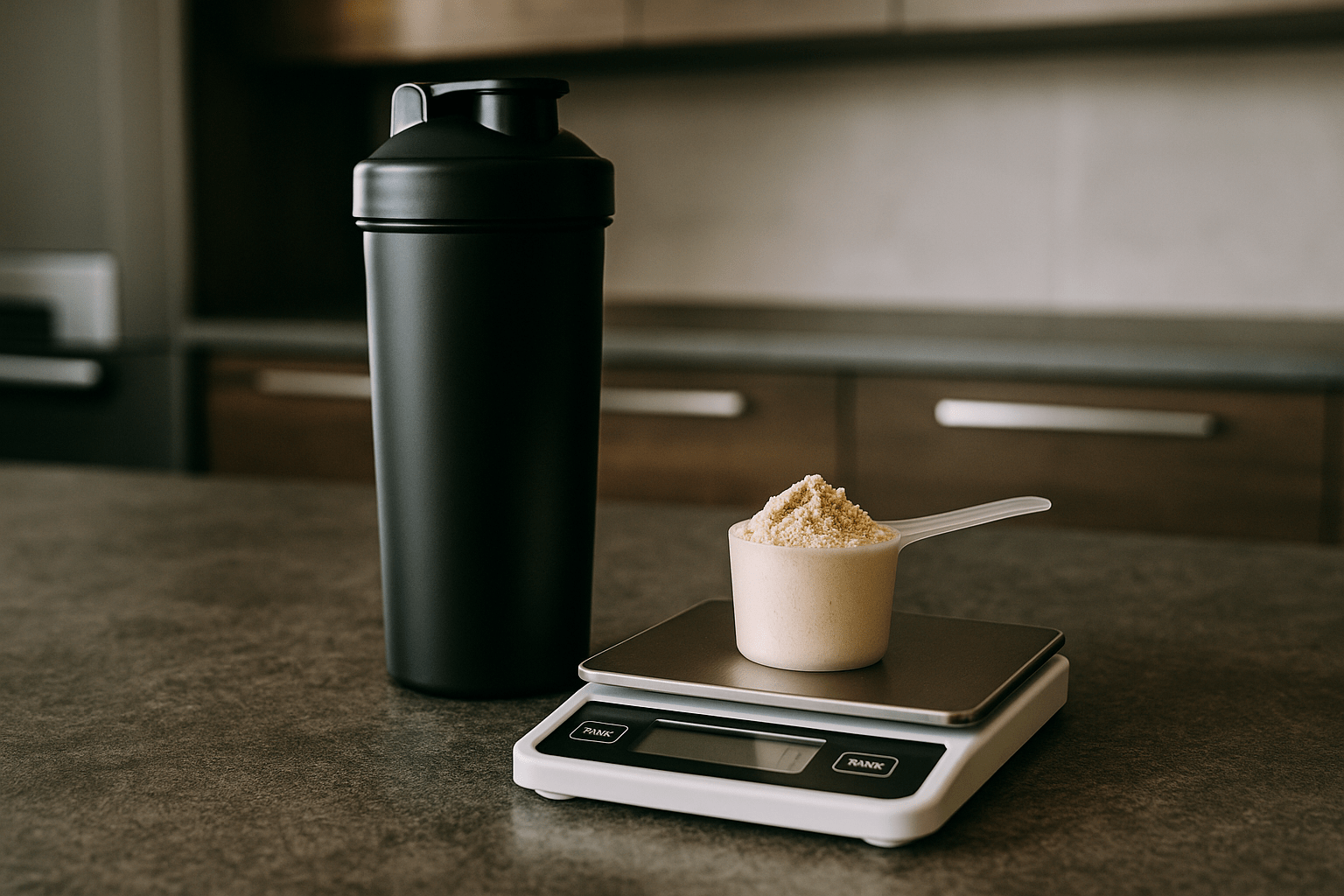 Schep eiwitpoeder op keukenweegschaal in moderne keuken met shakebaker
