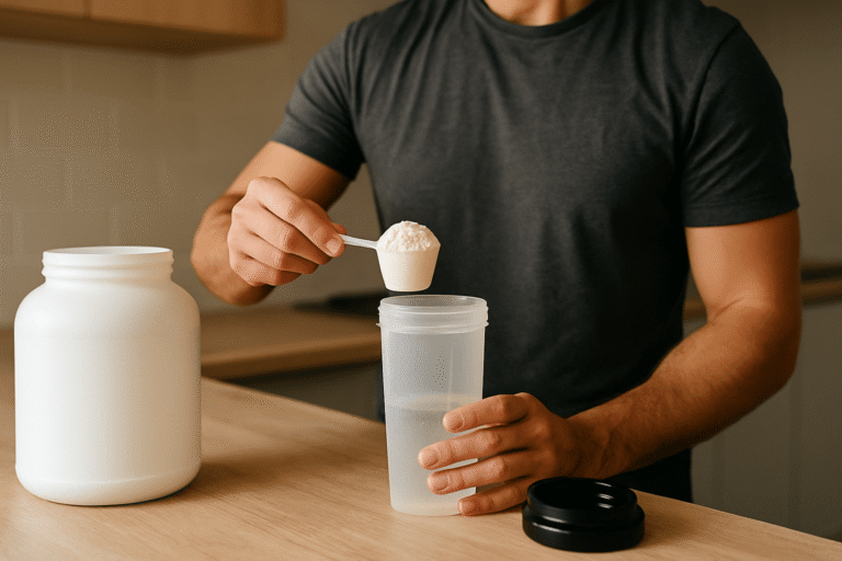 Man maakt eiwitshake in keuken