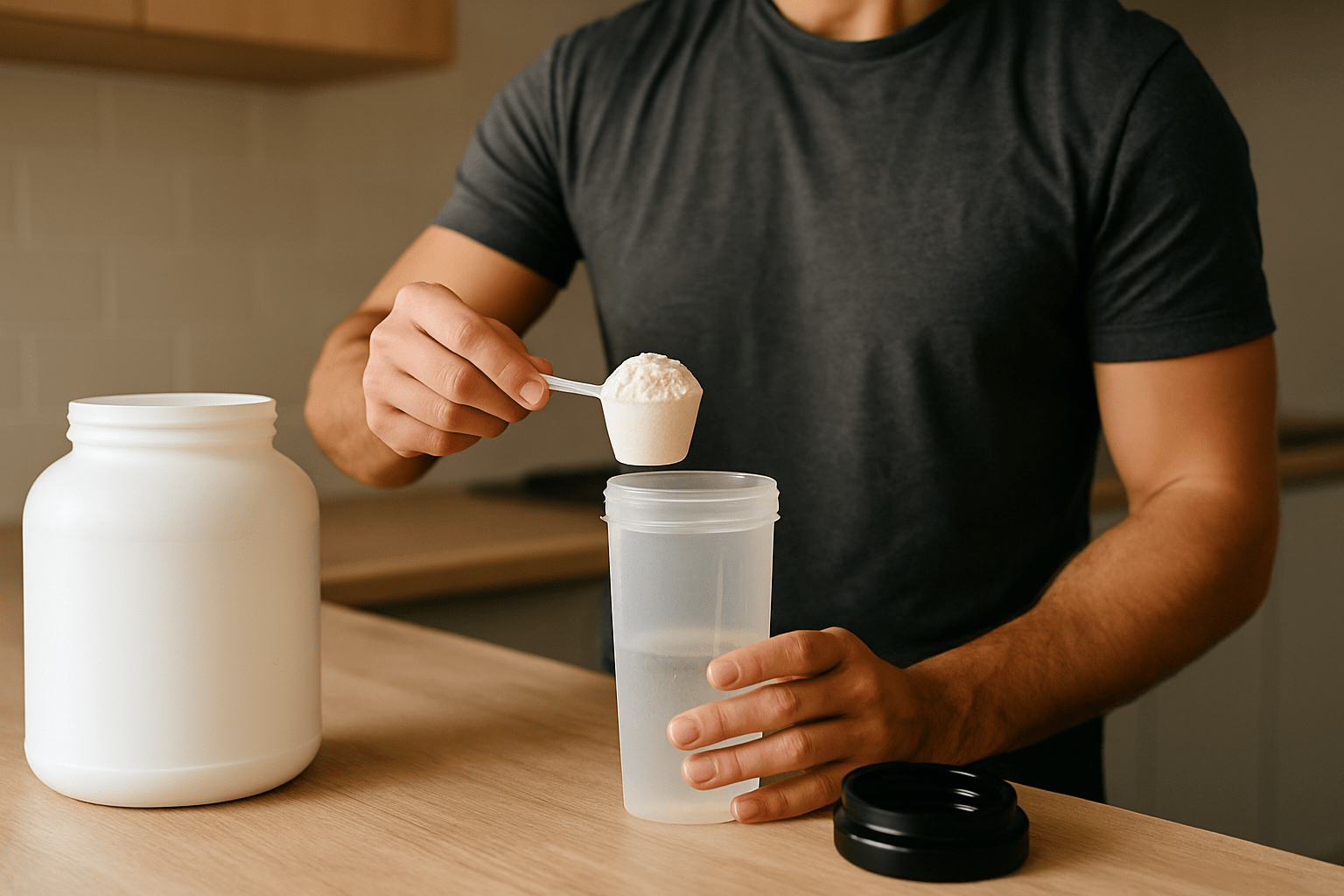 Man maakt eiwitshake in keuken