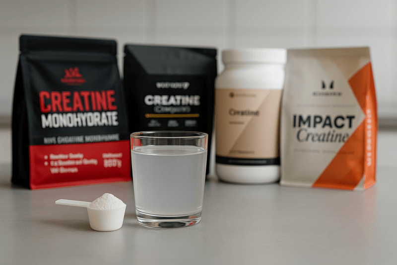 Beste creatine: XXL Nutrition creatine monohydraat, Creatine Creapure Body & Fit, Creatine Monohydraat Vital Nutrition en Impact Creatine Myprotein op tafel met schepje creatine en glas water