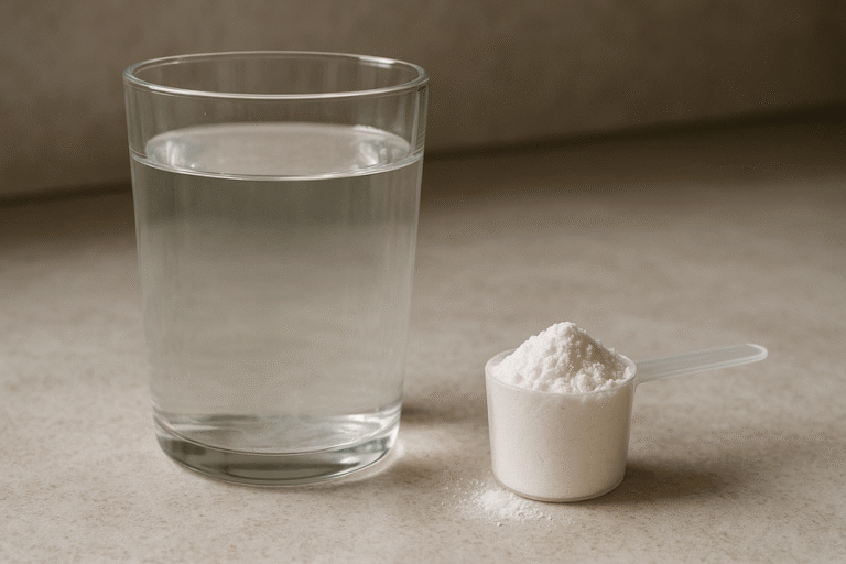 Creatine maatschep gevuld met glas water