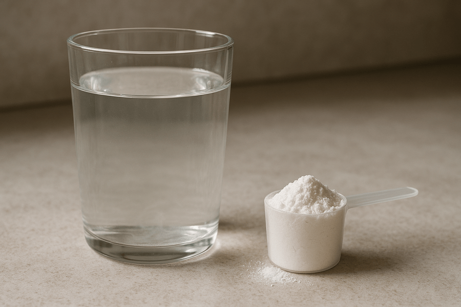 Creatine maatschep gevuld met glas water