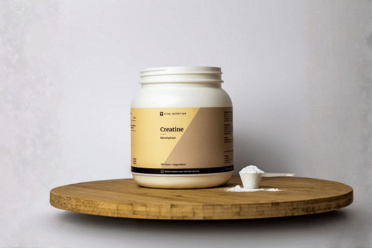 Pot creatine met schepje poeder op houten plank