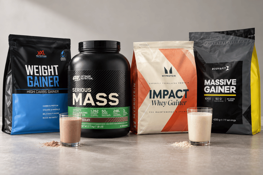 Beste weight gainer test van EiwitShakeStore met de Weight Gainer van XXL Nutrition, Serious Mass van Optimum Nutrition, Impact Weight Gainer van Myprotein en Mass Perfection van Body & Fit naast twee glazen shake