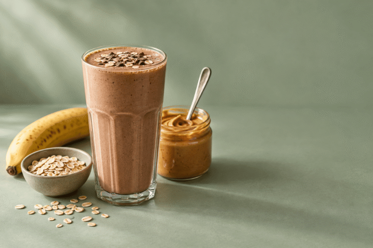 Shake met banaan, havermout en pindakaas op een groene achtergrond